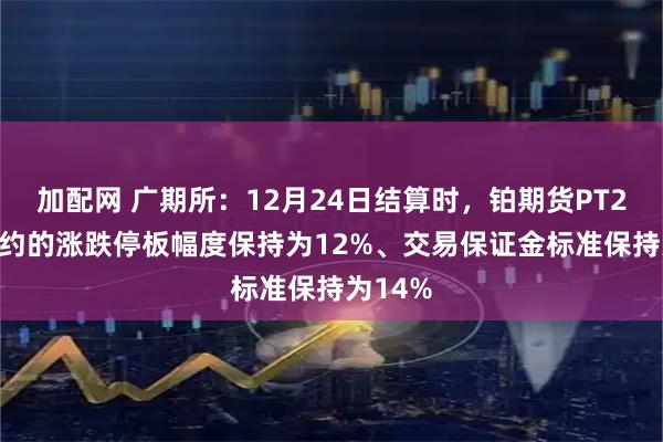 加配网 广期所：12月24日结算时，铂期货PT2610合约的涨跌停板幅度保持为12%、交易保证金标准保持为14%